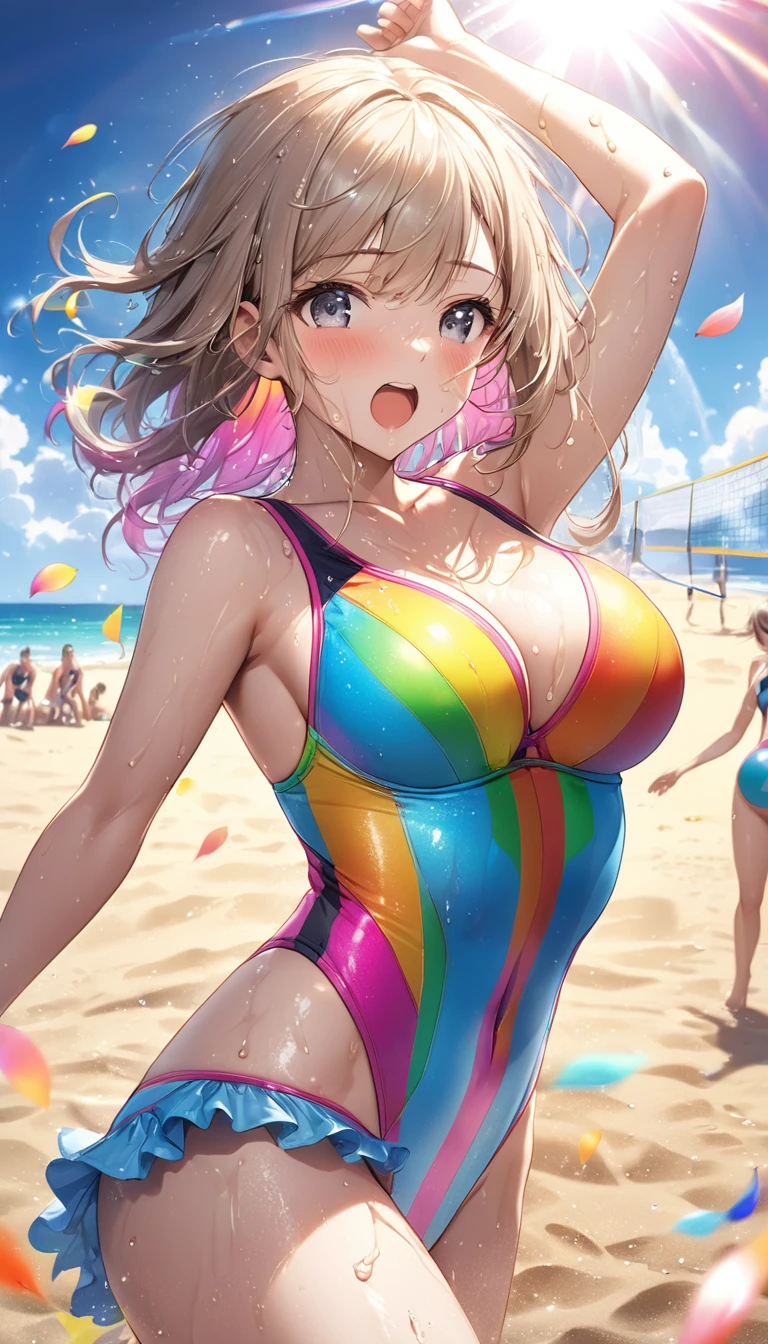 (Sports magazine cover photo), Highest quality, Great quality, 16K, Unbelievably absurd, Very detailed, delicate and dynamic, Natural light, Particles reflect light, Diffuse reflection of light, Many rainbow-colored petals fall, Beautiful sandy beach, Shining Sun, Diffuse reflection of light, Create amazing image effects, , Wet, sweating, Beach Volleyball, receive, close(Cute sexy girl, A large, swaying bust, Sensual expression, Cool girl, Severe, passion, dynamic, Flashy swimsuit, ,audience , much-air-laden cheer)