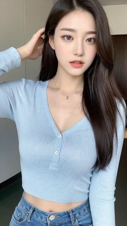 （Genuine， High resolution：1.3）， One girl with perfect body， Very beautiful face and eyes，Long Hair， Random Collar Shirt：1.2， Short jeans， 