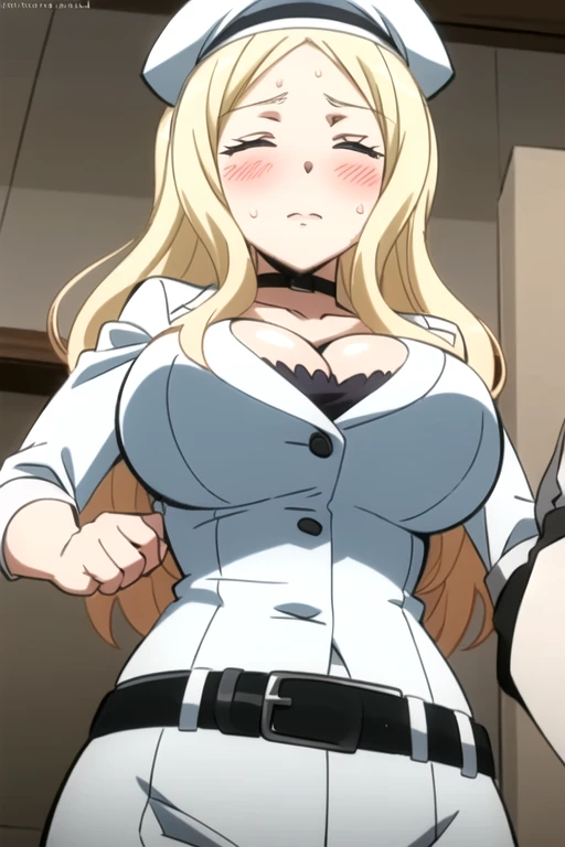 best quality, ultra high res, 1girl, Irina Jelavic, long hair, blonde hair, closed eyes, facing the vkewer, looking at the viewer, big breasts, cleavage, (simple background), white suit, belt, white beret, (aroused facial expression), blush, sweat, (view from below)