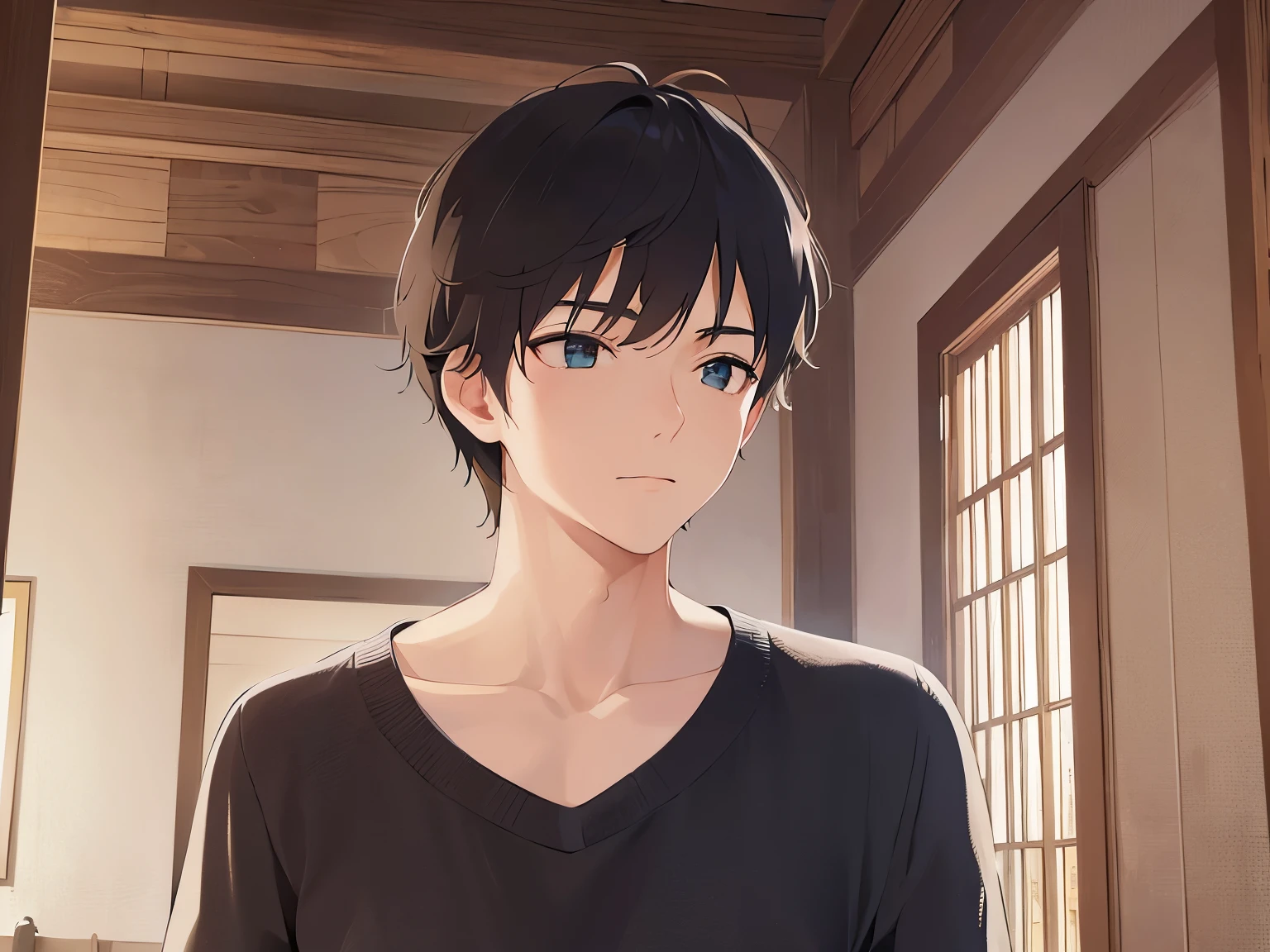 (looking away:1.5)、upper body、
masterpiece、Highest quality、
BREAK (25-year-old male:1.5) and (Mahogany brown short hair) and (Green Eyes)
BREAK,(Black long sleeve shirt:1.5)、
Serious,Are standing、Background is bedroom at night、(alone:1.5)