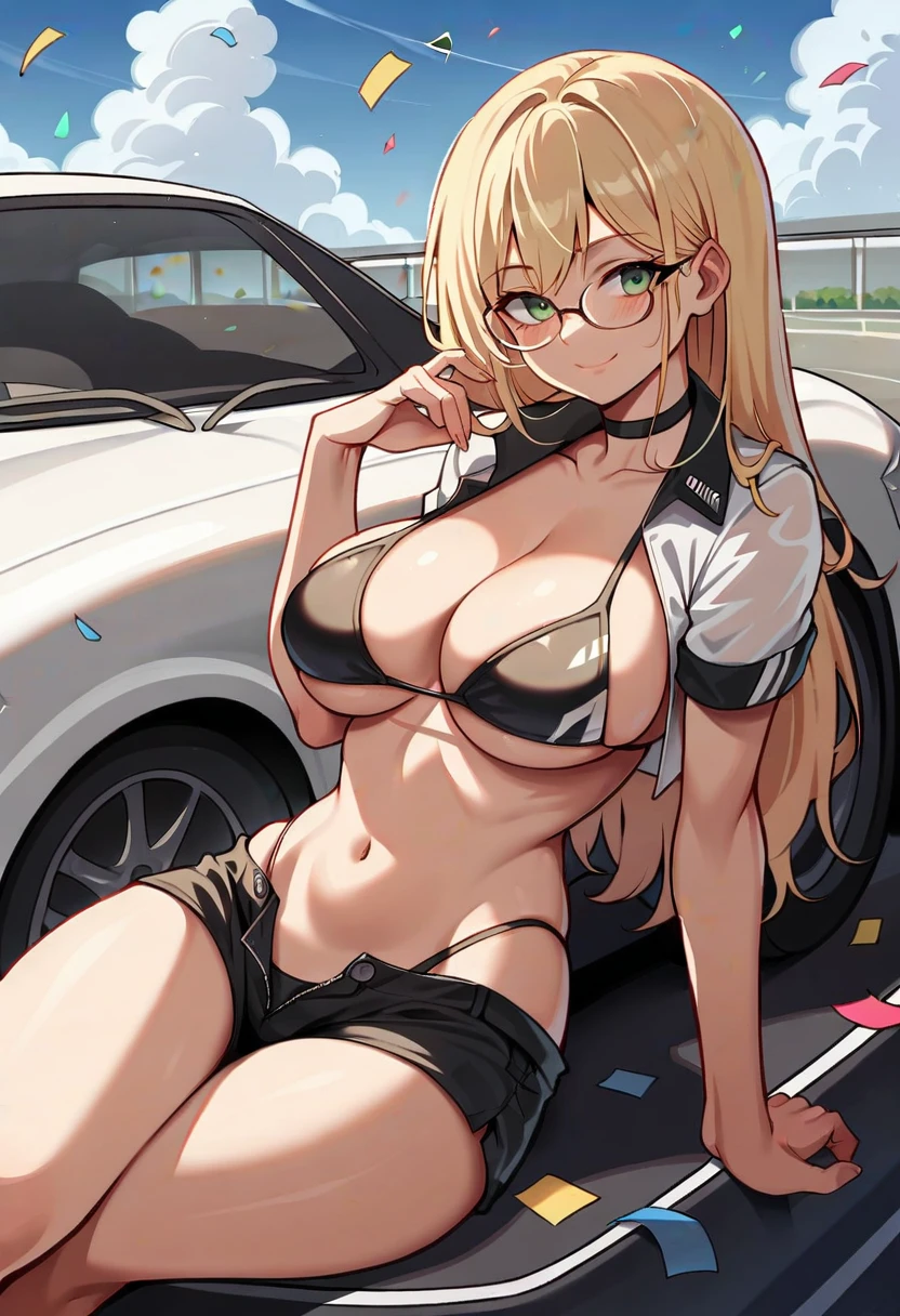 1 girl, solo, long hair, breasts, looking at viewer, blushing, smiling, blonde hair, large breasts, belly button, cleavage, sitting, mouth closed, green eyes, swimsuit, short sleeves, bikini, thighs, outdoors, open clothing, sky, glasses, shorts, choker, daytime, clouds, stomach, blue sky, shorts, underbust, black tie side bikini, high leg, black choker, black shorts, hair intake, ground vehicle, automobile, car, open fly, confetti, high leg bikini, micro shorts, race queen