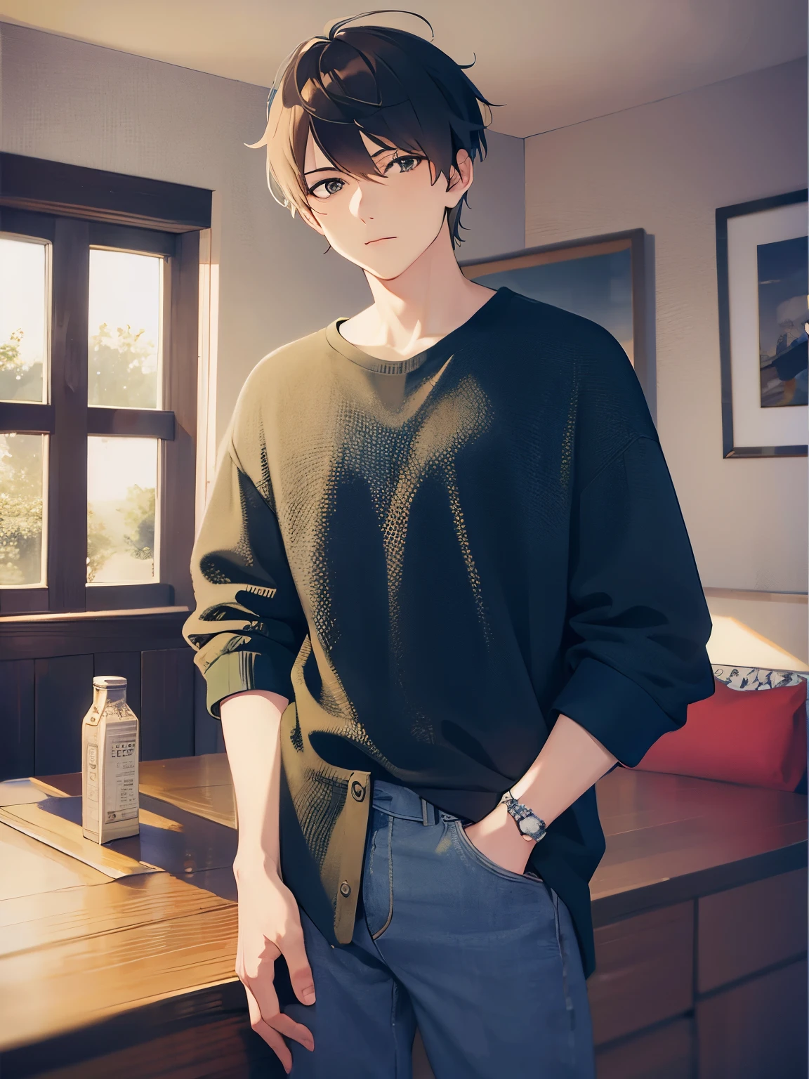 (looking away:1.5)、upper body、
masterpiece、Highest quality、
BREAK (25-year-old male:1.5) and (Mahogany brown short hair) and (Green Eyes)
BREAK,(Black long sleeve shirt:1.5)、
Serious,Are standing、Background is bedroom at night、(alone:1.5)
