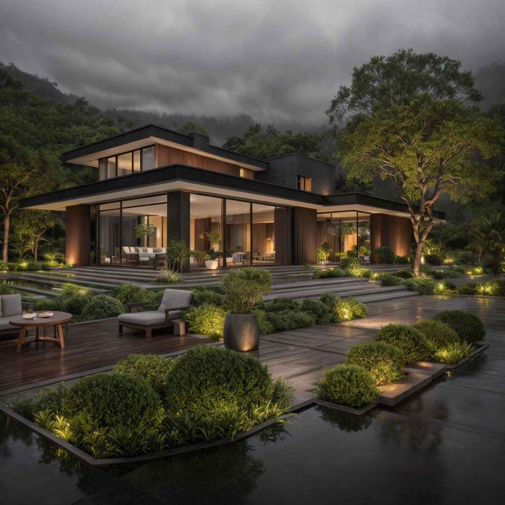 exterior of villa, modern style, plants and trees, dusktime, warm light, rain, fog, overcast,, RAW photo, subject, 8k uhd, dslr, soft lighting, high quality, 
film grain, Fujifilm XT3