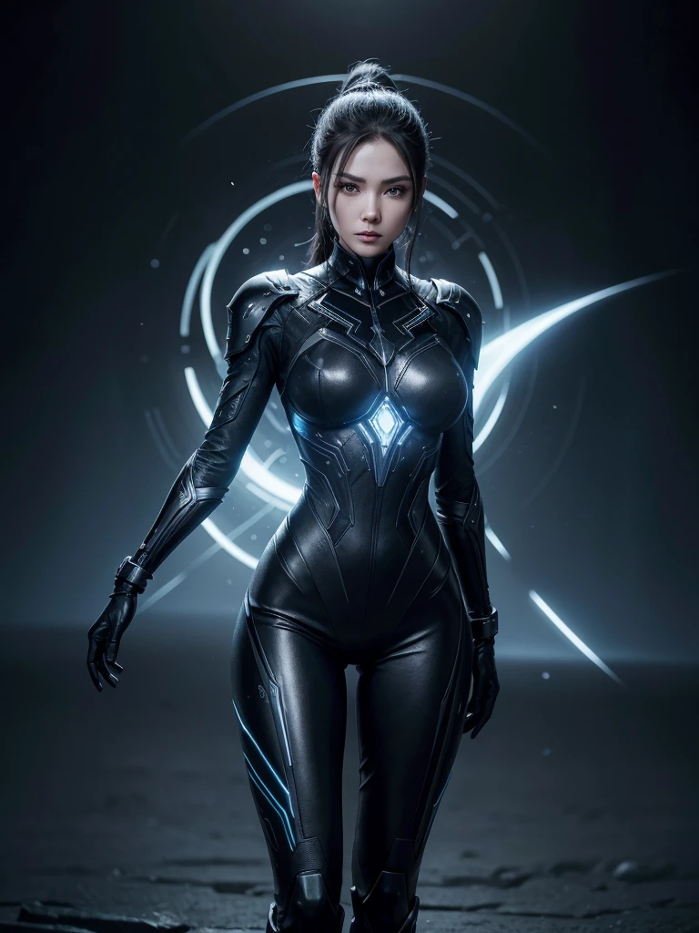 If Nyx, the Warframe of mind manipulation, were human, she would be a figure of enigmatic grace and profound intelligence. Slender in stature and elegant in posture, her movements would be fluid and almost hypnotic, as if she were always one step ahead of what others perceive. Her eyes would be an intense gray , reflecting a mind that is always active and capable of seeing beyond appearances. She would wear a futuristic dark blue outfit with silver accents that combined function and style, symbolizing her mastery over the minds of others. Her hair, long and dark gray in color, is pulled back into a ponytail, maintaining a tidy and professional appearance. Her voice would be calm and authoritative, capable of commanding attention and respect with a few words. Nyx's presence would be both comforting and slightly intimidating, suggesting a woman who knows the deepest secrets of the minds around her and uses this ability to maintain order and peace.