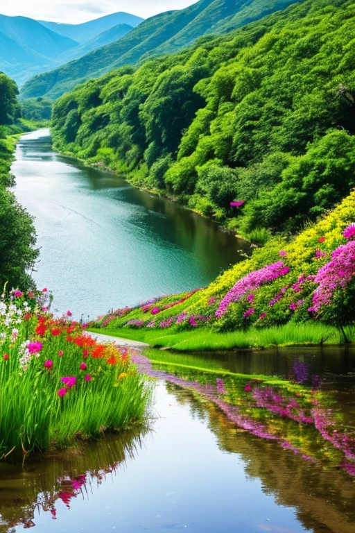 a beautiful landscape photo, There is a winding river, There are high green mountains, blue sky, billowing white clouds, Lush grass and flowers bloomed, the birds chirped, The photo creates strong emotions in the viewer