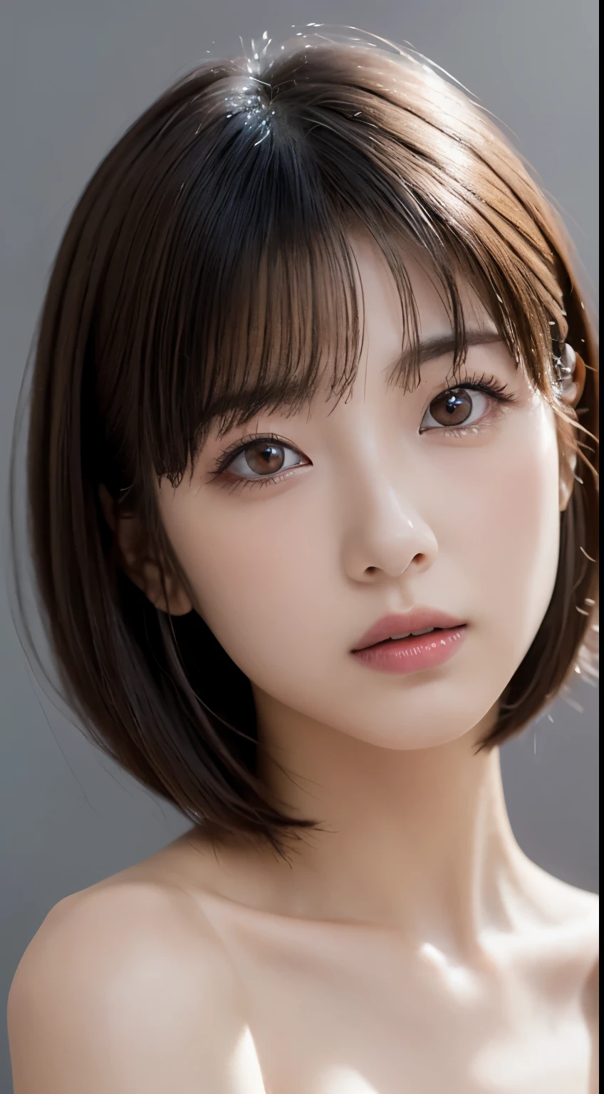 ((Bust-up photo:1.6))、((Like an ID photo:1.4))、((Apply beautiful makeup:1.6))、((Naked Girls:1.6))、((No underwear:1.6))、Natural Shading、((Moist eyes:1.3))、(K-Pop Idols)、Calm and goddess-like happiness、Look at the viewer with your whole body、((Slightly parted lips:1.3))、Natural Shading、((((Beautiful bob-cut gray hair))))、((Blonde Japanese Woman)))、(Short bob blonde:1.5)、masterpiece, Highest quality, 8k, Absurd, (Upper body:1.4), Beautiful girls, Beautiful face, Looking at the audience, Laughter, Surreal, High resolution, picture, Film Grain, chromatic aberration, Sharp focus, High resolution, フェイスLight, Dynamic Lighting, Light, Professional Shadow, Simple Background, (Dull grey background:1.4), Highest detail, Very detailed, Ultra-detailed, In detail, Real Skin, Delicate facial features, Detailed face and eyes, Sharp pupils、live action idol