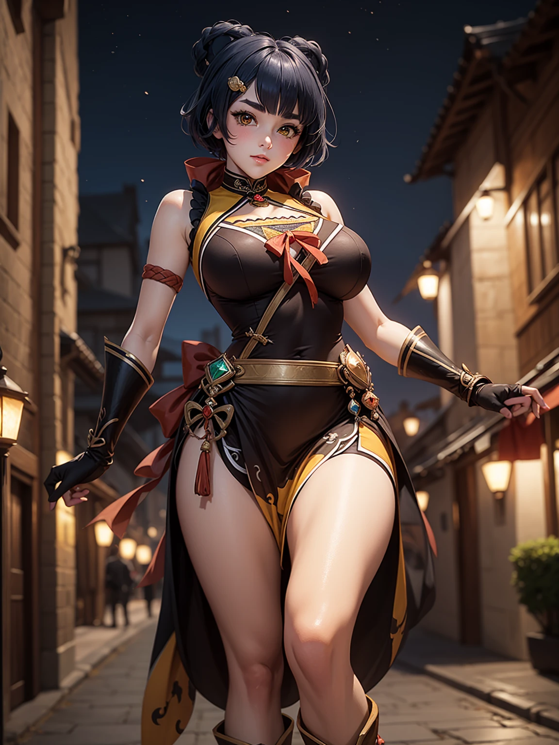 Masterpiece, high quality, blurry background, hd, 4k, night,xianglingdef, (gigantic breasts), outdoors, standing, blush, looking at viewer, dynamic poses,