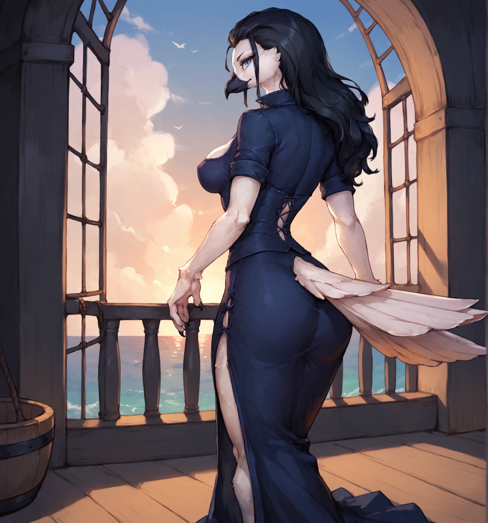 Solo, Score_9, score_8_up, score_7_up, kemono style, black hair, blue eyes, small cute black beak, avian, she is a white Anthro robin girl, white body, white arms and hands, black claws, feathered bird tail, tall and skinny, standing, fluffy white bird ears, skimpy clothing, on a pirate boat, at sea, rear view, she is looking out to the ocean, wearing long skirt, leg slit on skirt,