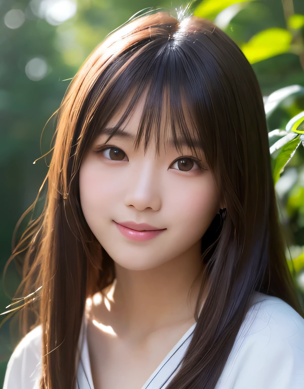 best quality, face focus, soft light, ultra high res, (photorealistic:1.4), RAW photo,(Shinozaki Ai),
1japanese girl, solo, cute, kawaii, smile, (pupil, lights in the eyes),  detailed beautiful face, (busty),(high resolution detail of human skin texture),(long hair),(portrait), upper body, white traditional kimono, in the forest,