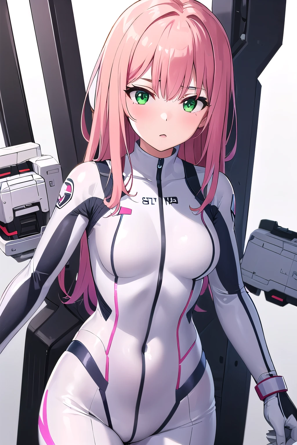 1girl,Samus aran,solo,green eyes, pink hair,white zero suit,white body suit,purple stripes,cowboy shot,blush,,Science fiction,ultra-detailed,sharp focus,aesthetic,(best quality), white background