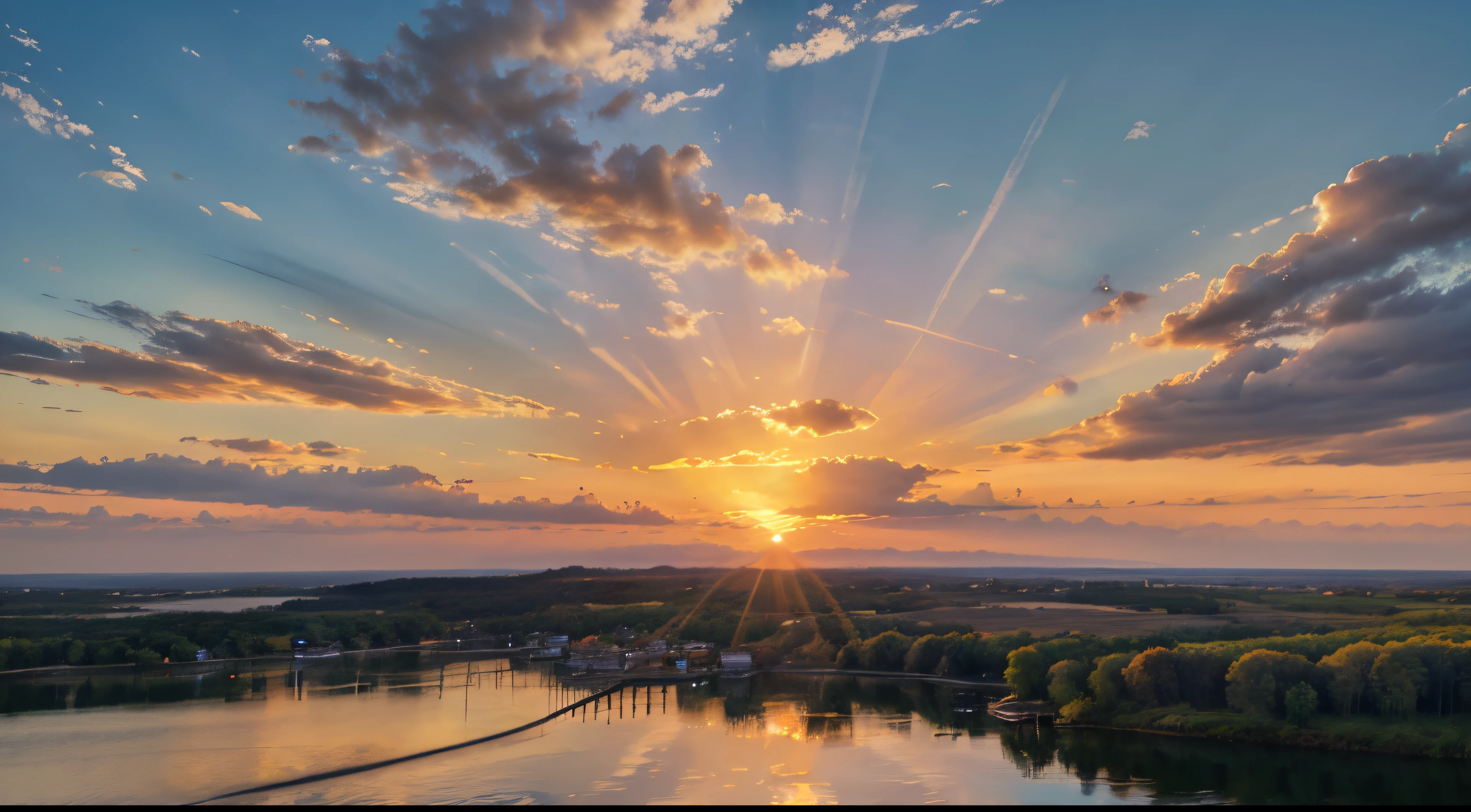 Sunset, Sunrise summer landscape.Beautiful nature.Blue sky, Amazing colorful clouds.Natural background.Art wallpapers.lake, sun.