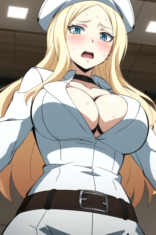 best quality, ultra high res, 1girl, Irina Jelavic, long hair, blonde hair, blue eyes, facing the vkewer, looking at the viewer, big breasts, cleavage, (simple background), white suit, belt, white beret, (aroused facial expression), open mouth, blush, sweat, (view from below)