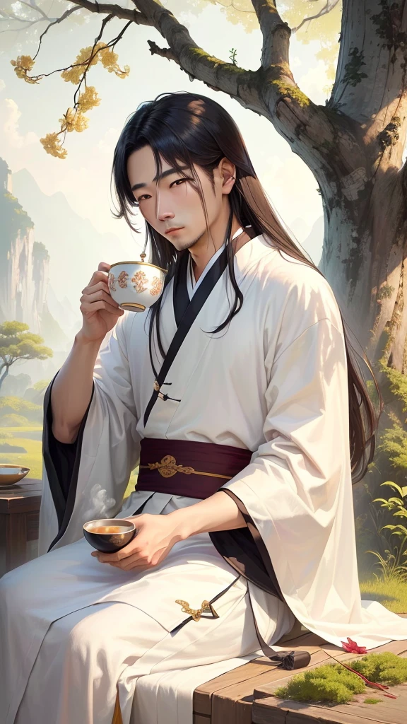 In the painting, a man in a white robe is drinking tea under a tree, author:Ye Xin, Li Song, Yu Zhiding, Inspired by Fenghua Zhong, by Zou Yigui, by Sheng Maoye, by Bian Shoumin, author:Lu Guang, Ding Guanpeng, by Zou Zhe, author:Ma Yuanyu