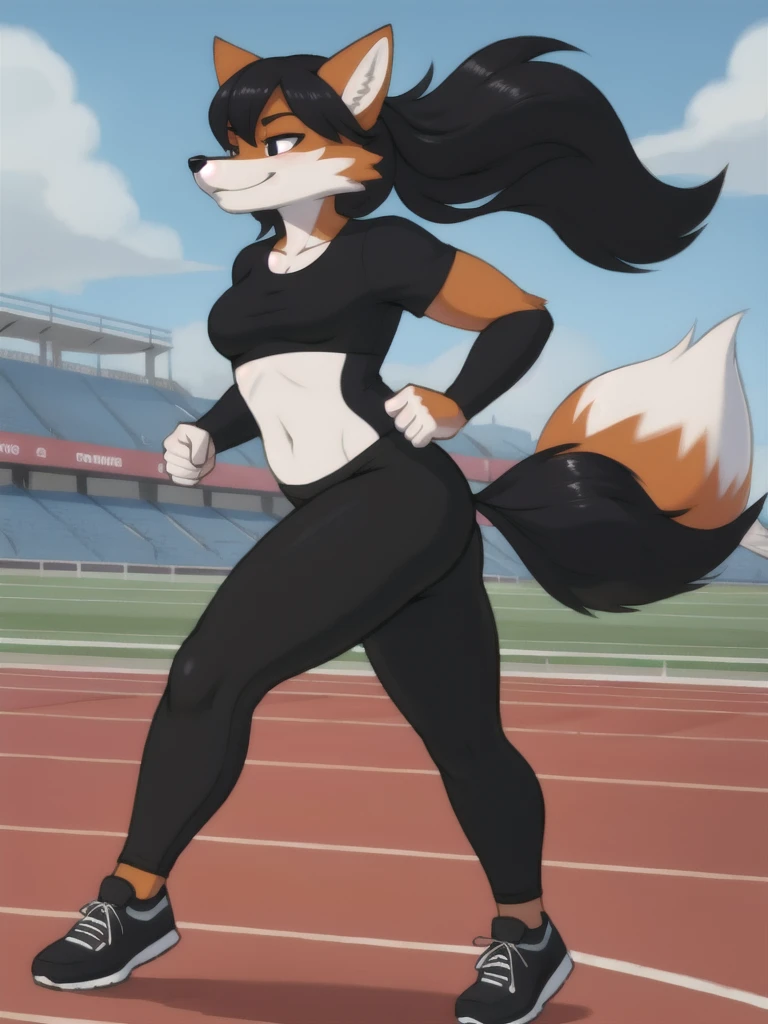 Furry, fox, female, black shirt, black leggings, shoes, running track, solo, full body