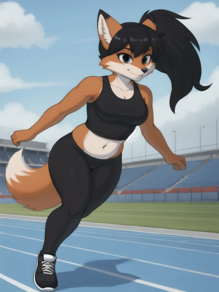 Furry, fox, female, black shirt, black leggings, shoes, running track, solo, full body