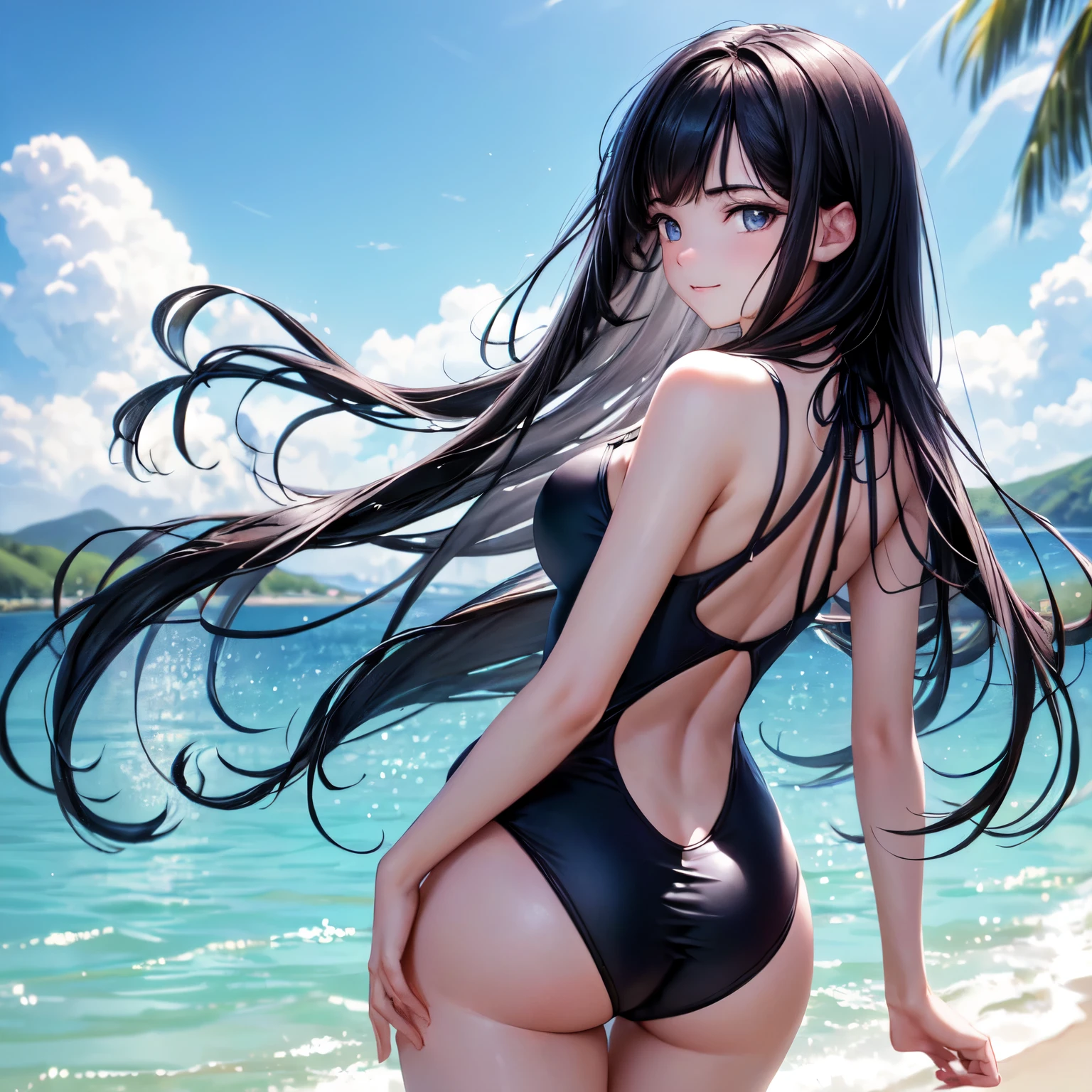 (((4K,masterpiece,best quality,ultra detailed,high resolution))),(daytime,clear weather,bloom),((from behind)),((solo)),(beautiful woman),age,(black hair,medium hair,straight hair),(beautiful face,beautiful eyes),(finely detailed skin,fair skin),light smile,(one-piece competition swimsuits,fullback swimsuits),(beautiful lake side,beautiful sky),(squtting),