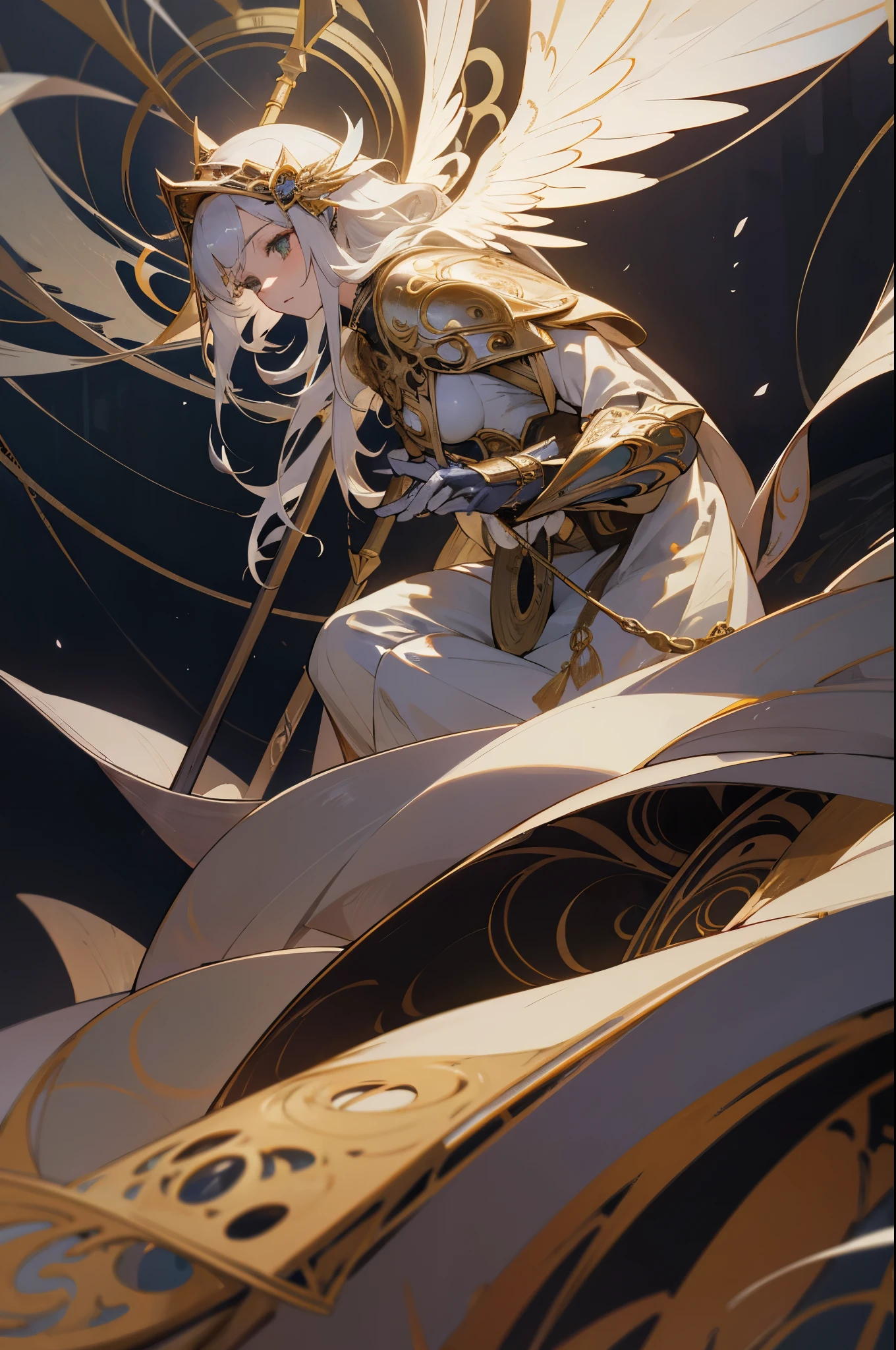 1girl in, solo, offcial art, unity 8k wall paper, ultra - detailed, prettify、Aesthetic, tmasterpiece, top-quality, Photorealsitic, A female angel、one white winged、Silver armor、Helmet with feather decoration、Long steel spear、Glowing angel circle、Light magic、depth of fields, Fantastic atmosphere, calm color palette, tranquil mood, Soft Shading (zentangle、datura、Tangles、Tangles:0.7) abstract backgrounds、The most beautiful forms of chaos、ellegance、Dark theme designed by brutalists