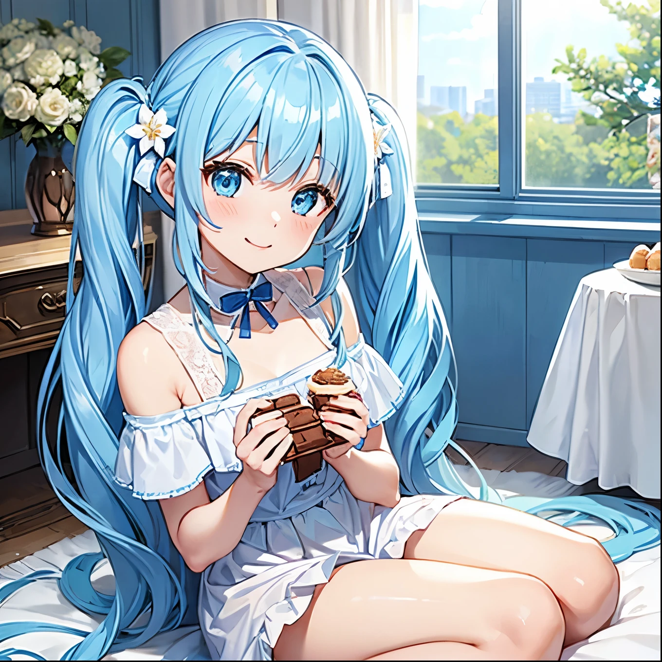Light blue long hair、Beautiful girl with twin tails、A very bright smile、Cookies and chocolate、There are lots of sweets lined up、A bright, sunny room、A room decorated with white flowers