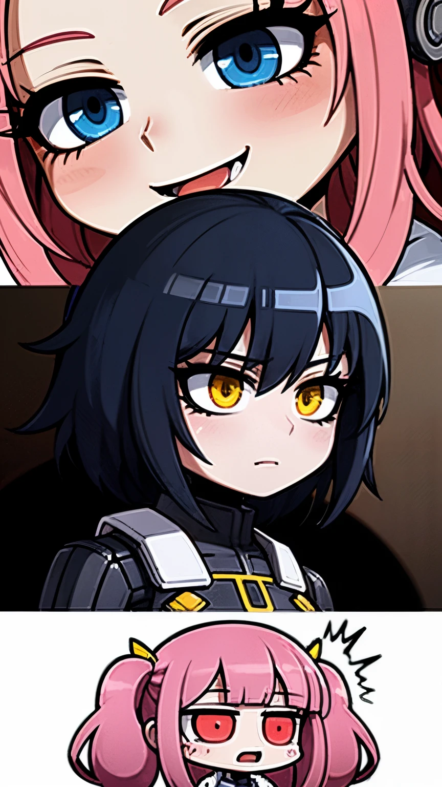 2girl, cyberpunk, cyborg, white skin, transparent code, cyber skeleton, colored skin, pink gradient on hair, white strand of hair, two pigtails, rebecca, lucy, haru, tsvbvra