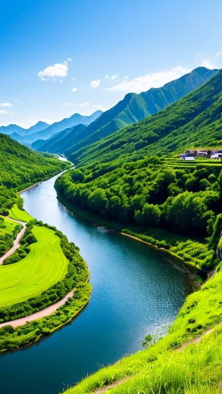 a beautiful landscape photo, There is a winding river, There are high green mountains, blue sky, billowing white clouds, Lush grass and flowers bloomed, the birds chirped, The photo creates strong emotions in the viewer
