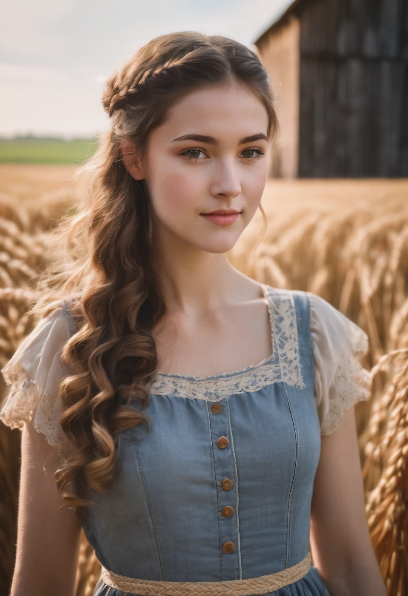 1 Girl, 20 years old, Tall,Glamorous, Wear a cute country dress, Hair braiding, Standing in a rustic farm setting. She has a soft, gentle smile and expressive eyes. Charming barn in the background, Golden wheat fields and clear blue sky. The composition should be bathed in warm golden hour light, Gentle depth of field and soft bokeh highlight the idyllic tranquility. Capture images,Just like shooting with old 35mm film,Add charm, ,