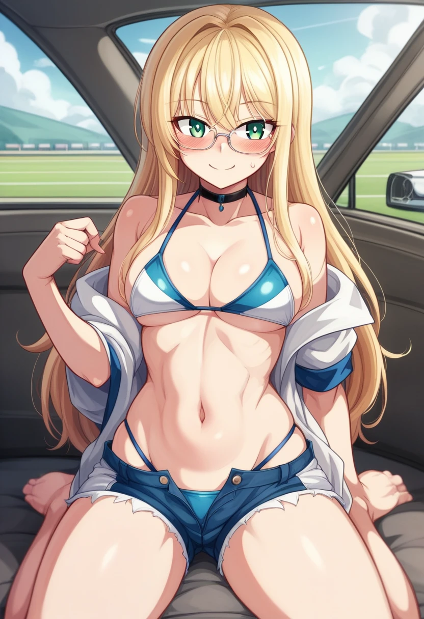 1 girl、solo、Long Hair、chest、Staring at the audience、blush、smile、Blonde Hair、大きなchest、belly button、chestの谷間、Sitting、Close your mouth、Green Eyes、Swimwear、Short sleeve、bikini、Thighs、Outdoor、Open clothes、null、Glasses、Shorts、choker、noon、cloud、stomach、青null、Shorts、Underbust、黒タイサイドbikini、High leg、黒choker、黒Shorts、Hair Intake、地上car両、自動car、car、Open Fly、Confetti、High legbikini、Micro Shorts、Race Queen