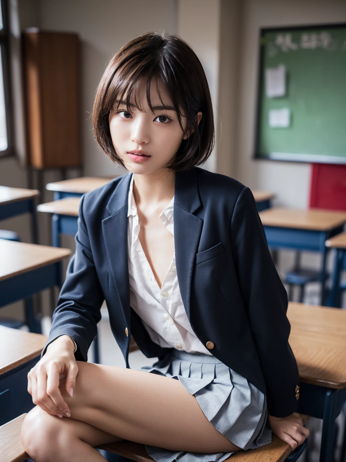 (masterpiece), Very detailed, Ultra-high resolution, Realistic, photo Realistic, High-resolution RAW color photos, Professional photos, Sharp focus, (Very detailed顔と肌の質感, Very beautiful eyes, Glossのある肌, Glowing Skin, Glowing Skin, Shining Face, Gloss, Oily skin, greasy face, Oily skin, greasy face,),, (real Glossのある肌 texture), Perfect Anatomy, Very detailed背景,((Midnight in a high school classroom)),(1 female,25-year-old woman, Japanese women),(lean slender body、Slender legs),(short hair, Straight hair, bangs, Brown Hair),(Flat Chest:1.6), (((Japan High School Blazer Uniform, Pleated skirt、sexy panties in skirt)))、(Sit at a desk,Spread your legs)、((((Undressing、Open clothes))))