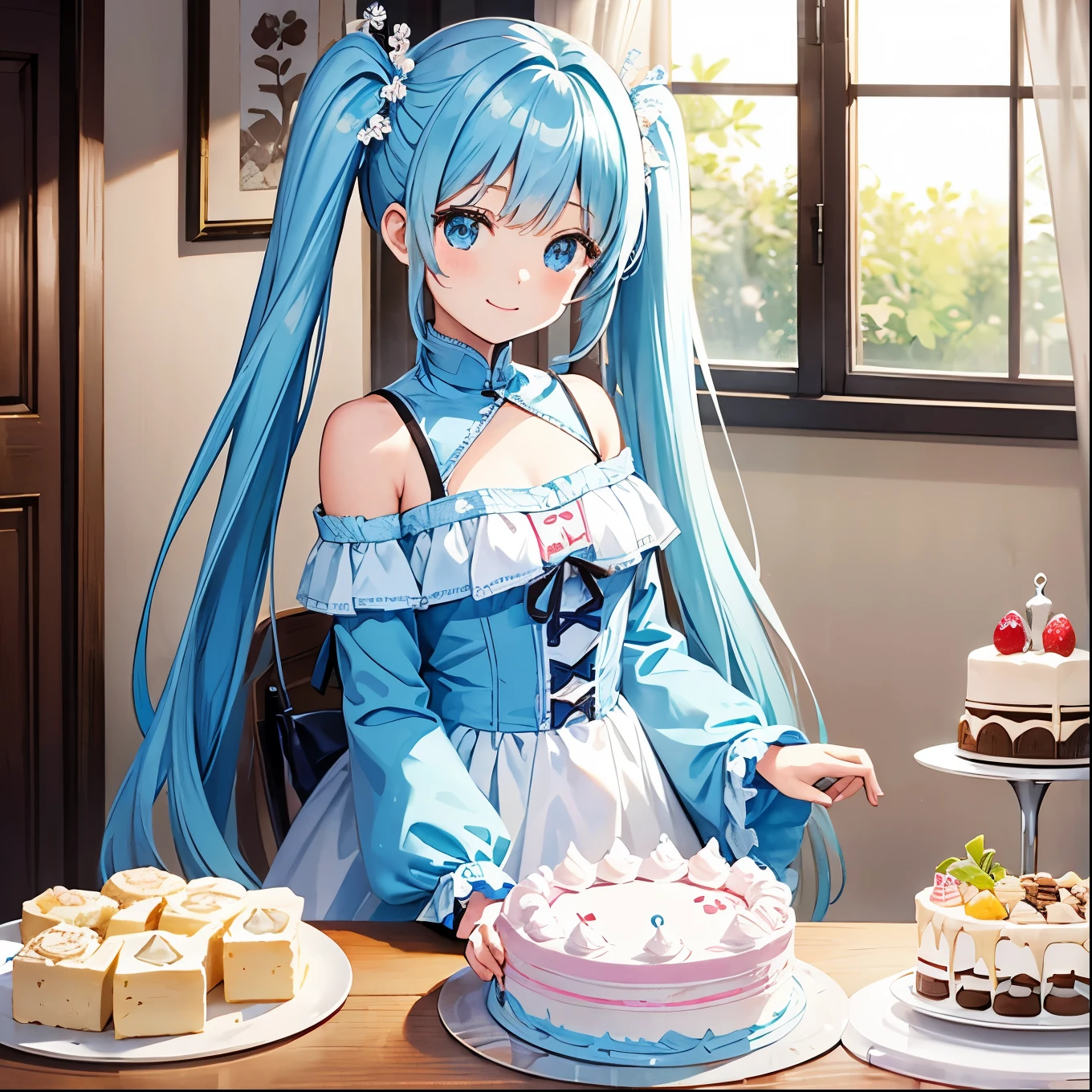 Light blue long hair、Beautiful girl with twin tails、A very bright smile、Cookies and chocolate、There are also lots of cakes、There are lots of sweets lined up、A bright, sunny room、A room decorated with white flowers