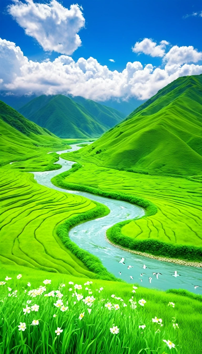 a beautiful landscape photo, There is a winding river, There are high green mountains, blue sky, billowing white clouds, Lush grass and flowers bloomed, the birds chirped, The photo creates strong emotions in the viewer