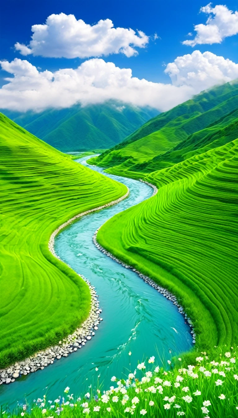 a beautiful landscape photo, There is a winding river, There are high green mountains, blue sky, billowing white clouds, Lush grass and flowers bloomed, the birds chirped, The photo creates strong emotions in the viewer