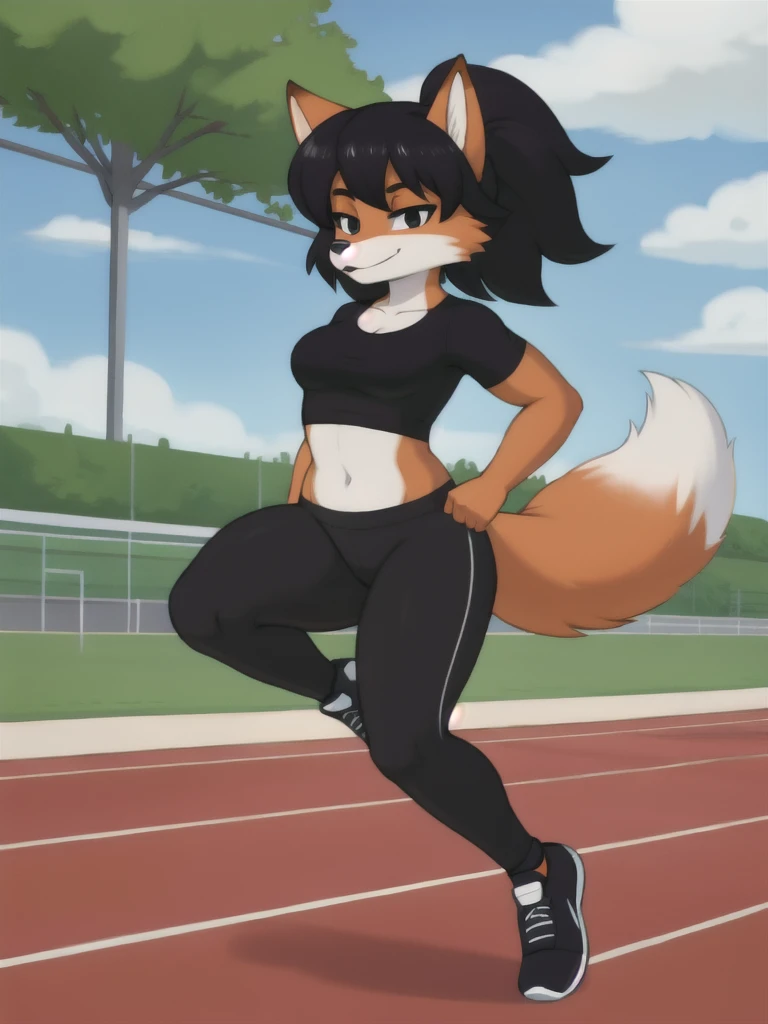 Furry, fox, female, black shirt, black leggings, shoes, running track, solo, full body