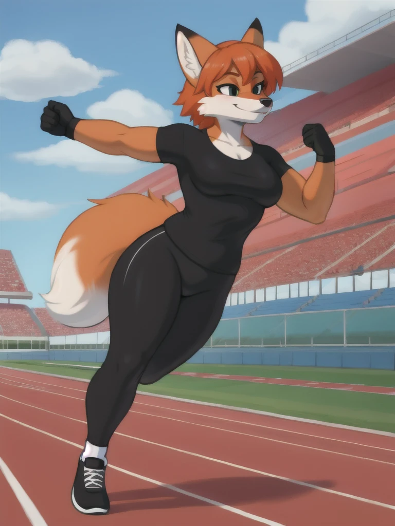 Furry, fox, female, black shirt, black leggings, shoes, running track, solo, full body