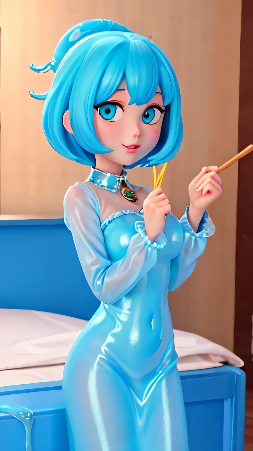 Slime, slime girl, blue skin, sexy,  cute,transparent skin, monster, no background