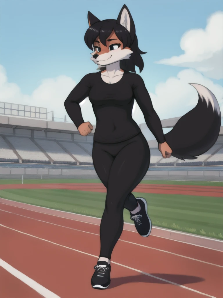Furry, fox, female, black shirt, black leggings, shoes, running track, solo, full body