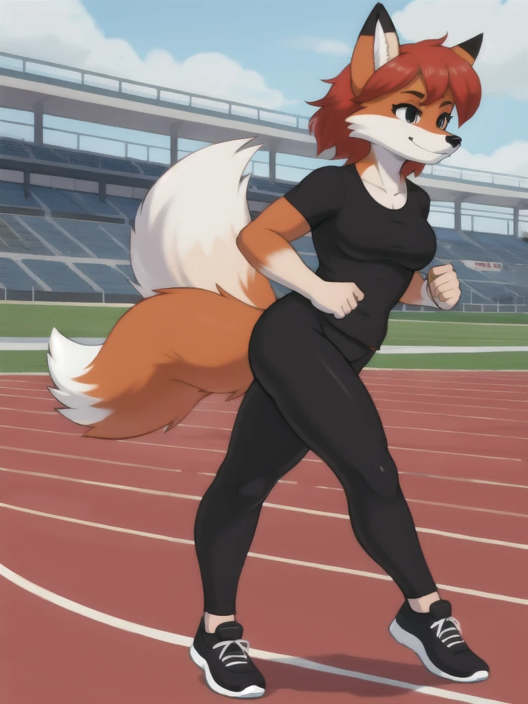 Furry, fox, female, black shirt, black leggings, shoes, running track, solo, full body