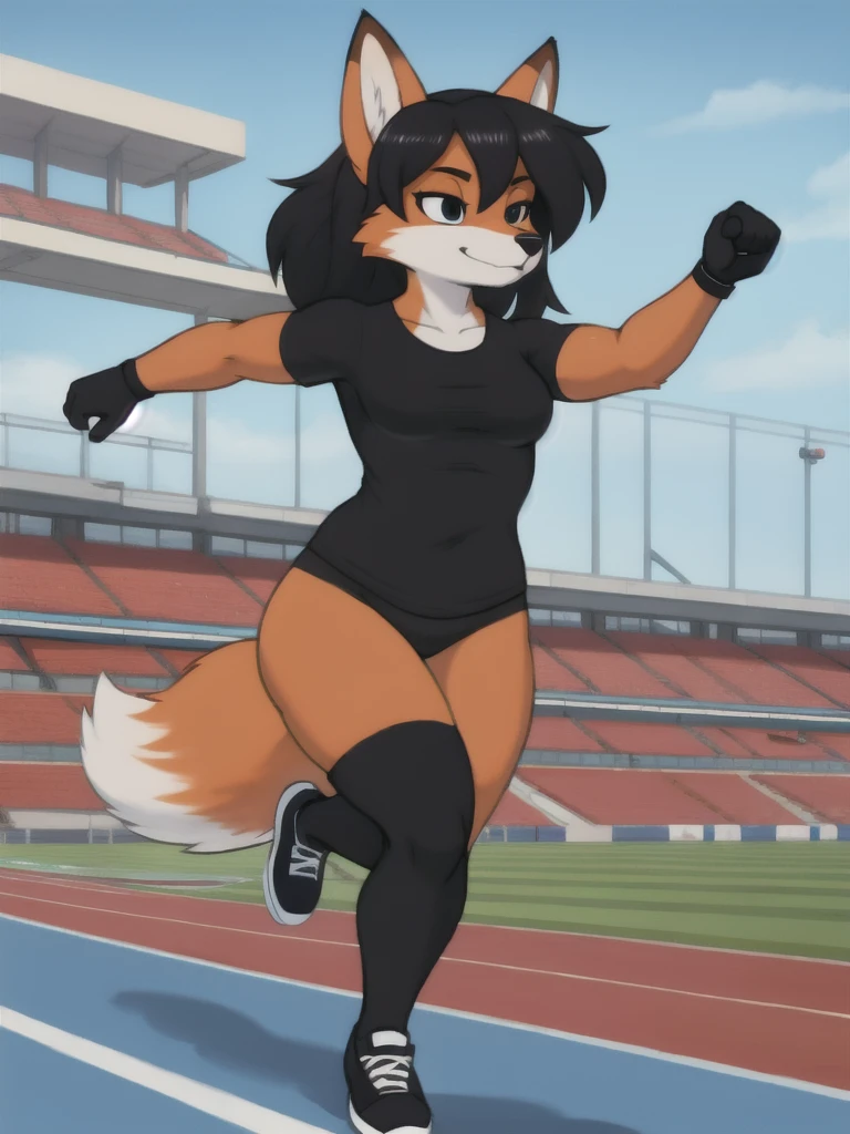 Furry, fox, female, black shirt, black leggings, shoes, running track, solo, full body