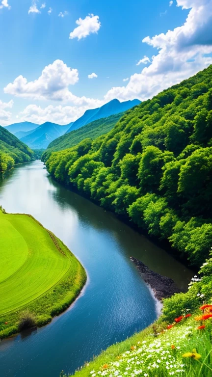 a beautiful landscape photo, There is a winding river, There are high green mountains, blue sky, billowing white clouds, Lush grass and flowers bloomed, the birds chirped, The photo creates strong emotions in the viewer
