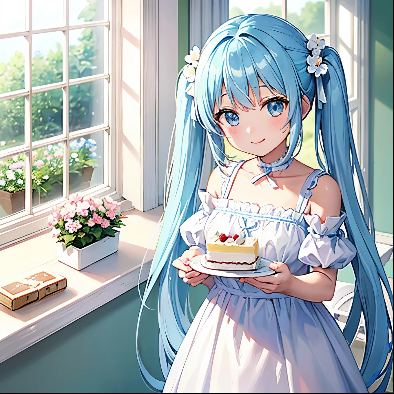 Light blue long hair、Beautiful girl with twin tails、A very bright smile、Cookies and chocolate、There are also lots of cakes、There are lots of sweets lined up、A bright, sunny room、A room decorated with white flowers、White flowers on the windowsill、Outside the window、Flower Garden