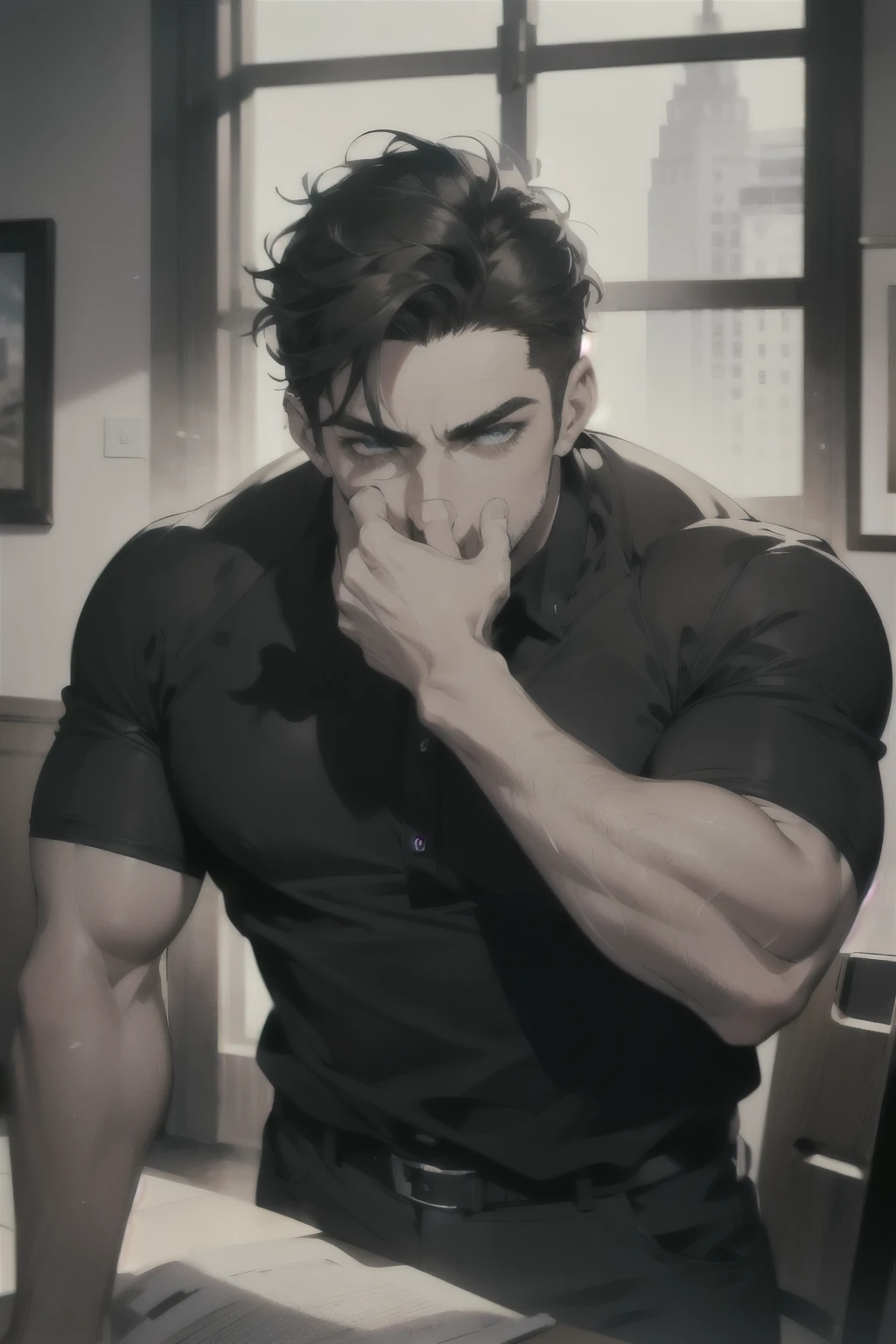 (Best Quality,4k,8k,High resolution,masterpiece:1.2),ultra detailed,(realist,photorealist,photo-realist:1.37),1 man,31 years,mature man,Big eyebrows,adult,very handsome,big body,muscular,without expresion,short gray black hair,blue eyes,glare,perfect face without mistakes,imposing posture,cinematic lighting,imagen HDR