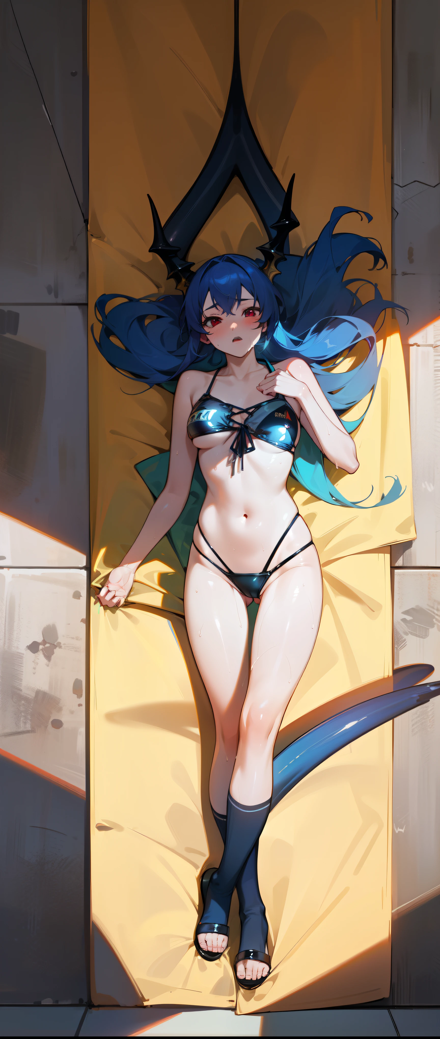 ((Highest quality)), ((masterpiece)), ((detailed)),((Browsing Caution)) floor of rubber Water cushion　{{nsfw}} Sujiman　Tight　Transparent underwear　(Black dragon&#39;s veiny penis)Dragon with girl　Crossing legs

(Transparent　Swimwear) 　(Transparent knee-high socks) Transparent towel blue hair,Red Eye,Long Hair　Black sandals
 (Hot and glowing skin) Wet