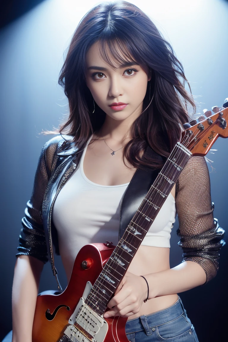 ((Medium breasted、Tomboy、the head is small))、(Chiseled abs : 1.1)、(the perfect body : 1.1)、((Holding a guitar（Telecaster）:1.2))、(short wavy hair : 1.2)、auburn hair、collars、chains、A full body shot、Black tank top、Jeans wearing jacket、((Short shorts))、(Highly detailed CG 8k wallpaper)、(anextremelydelicateandbeautiful)、(masterwork)、(best qualiy:1.0)、(extra high resolution:1.0)、beautiful  lighting、Perfect Lightning、realistic shadow、[Highresolution]、Detailed skin、Ultra-detail、live house、band、stage、drum、bass、