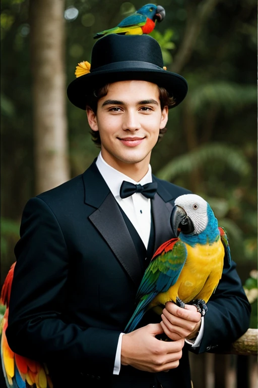 Cute young handsome man with a hat and a parrot