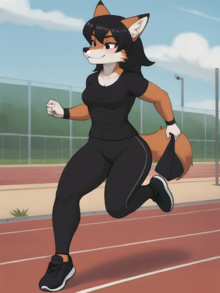 Furry, fox, female, black shirt, black leggings, shoes, running track, solo, full body