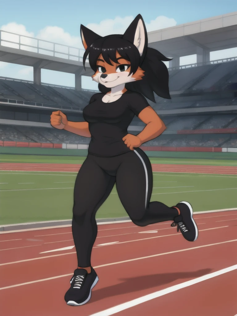 Furry, fox, female, black shirt, black leggings, shoes, running track, solo, full body