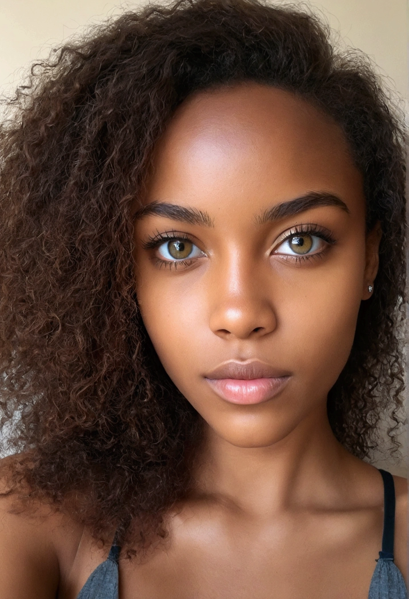 Femme africaine, fille sexy aux yeux bruns, ultra realist, Meticulously detailed, Portrait jasmin grant, cheveux bruns et noir et grands yeux, selfie of a young woman, Yeux de chambre, sans maquillage, maquillage naturel, looking straight at camera, Visage avec Artgram, Maquillage subtil, Superbe photo du corps entier, Medium to large bust , avec des formes