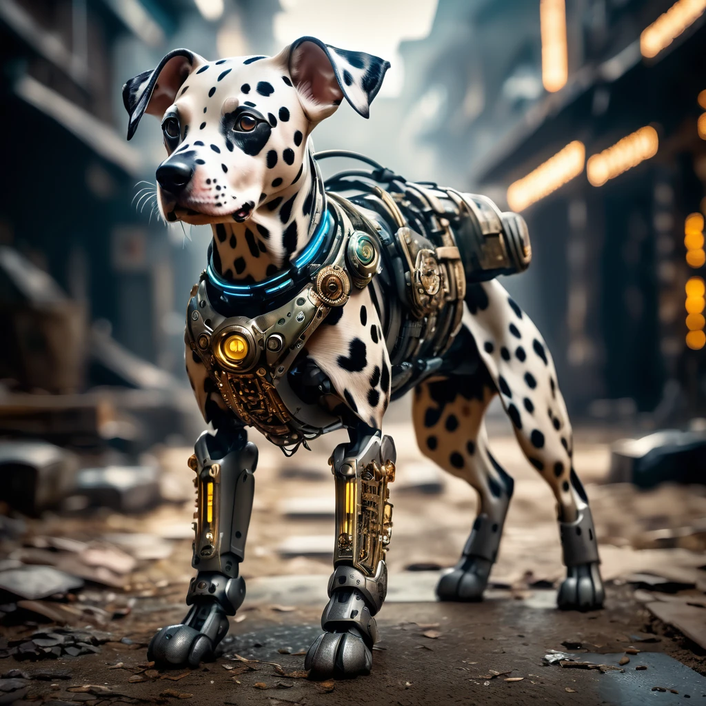 a full-body HDR photograph of (((the cutest young cyberpunk cyborg samourai dog dalmatian intricate details)))((dancing:1.2))((post apocalyptic fiction background:1.2)), detailedeyes, Bokeh suave, (Atmospheric Light), (sharpen light and shadow),