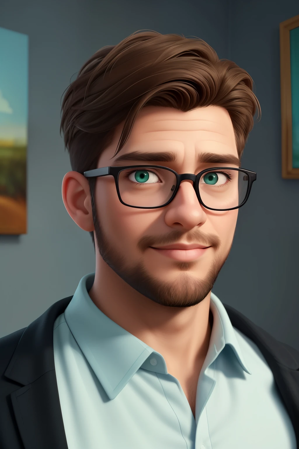 (best quality,4K,8ก,height,Masterpiece:1.2),Very detailed,(realistic,photorealistic,photo-realistic:1.37),moderate:oil painting,Portrait,A 30-year-old man with short brown hair and a beard. It makes him look strong and masculine., Diamond shaped face, A sharp, sharp gaze radiated from his teal eyes., Wear a black shirt and glasses.. Light in a painting should emphasize the face., Create shadows that define the contours of his face.. The overall color tone should be warm and rich., With dark brown and a little bit of green in the background.. The texture of the oil painting should be visible, Add depth and dimension to artwork. Men should appear confident and sarcastic., It expresses intelligence and sophistication.. Attention to detail should be exceptional., Catch every wrinkle on his face and clothes.. Backgrounds can be simple., Focus the viewer&#39;s attention solely on the man&#39;s mesmerizing presence..