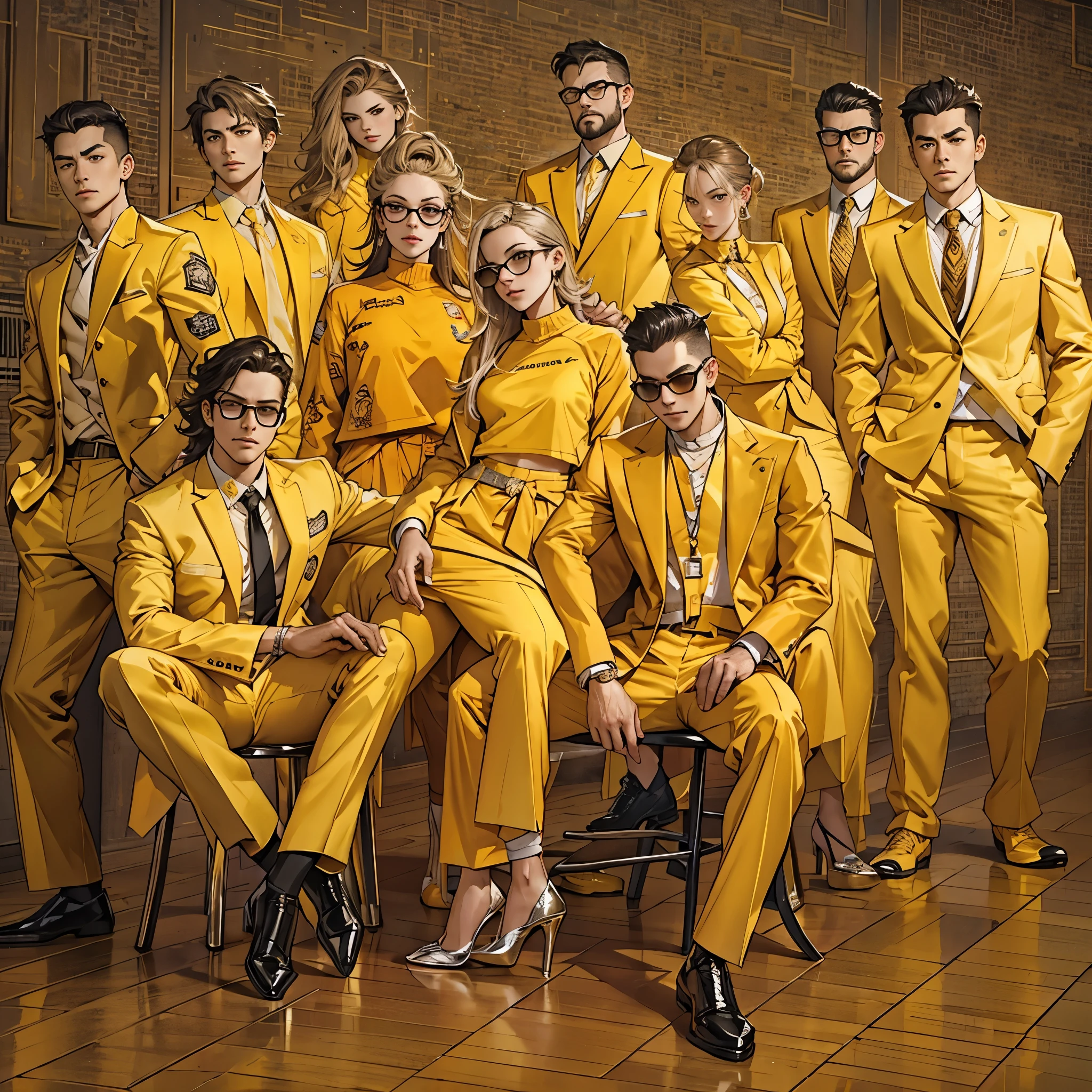 MBTI Entrepreneur Image、Several men and women dressed in yellow。Intimidating aura。Stylish and cool、Pose like a fashion model。The background should be flashy and creative.。