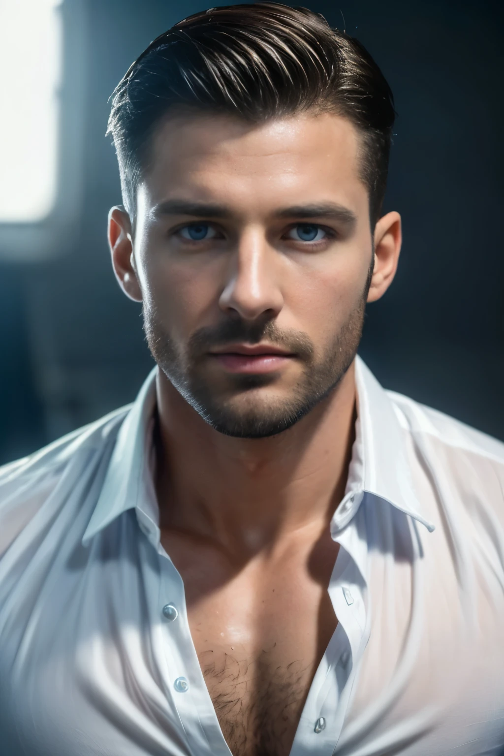 ((Best Quality, 8K, ultra-detailed, Masterpiece: 1.3)), 1man, "full body", shiny skin, sharp, 30 years old, blue eyes, wearing a white shirt, in a classroom, attractive face, model face, extremely detailed face, hyper detailed, realistic, photorealistic, 8k, high quality, studio lighting