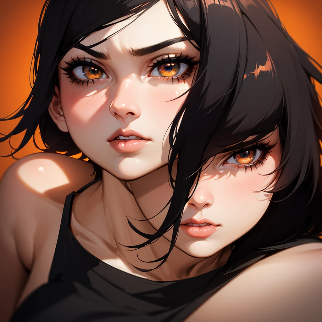 Generate hyper realistic close portrait of a beautiful girl, short messy black hair with a punk cut, dark background, orange t-shirt, very detailed beautiful eyes. Very detailed, provocative face, (dynamic provocative pose), soft colors artwork, hight detailed,long hair